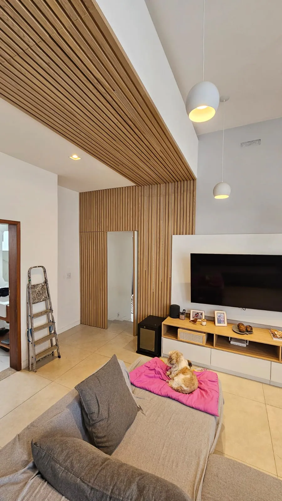 Living com paredes ripadas: Sala de estar